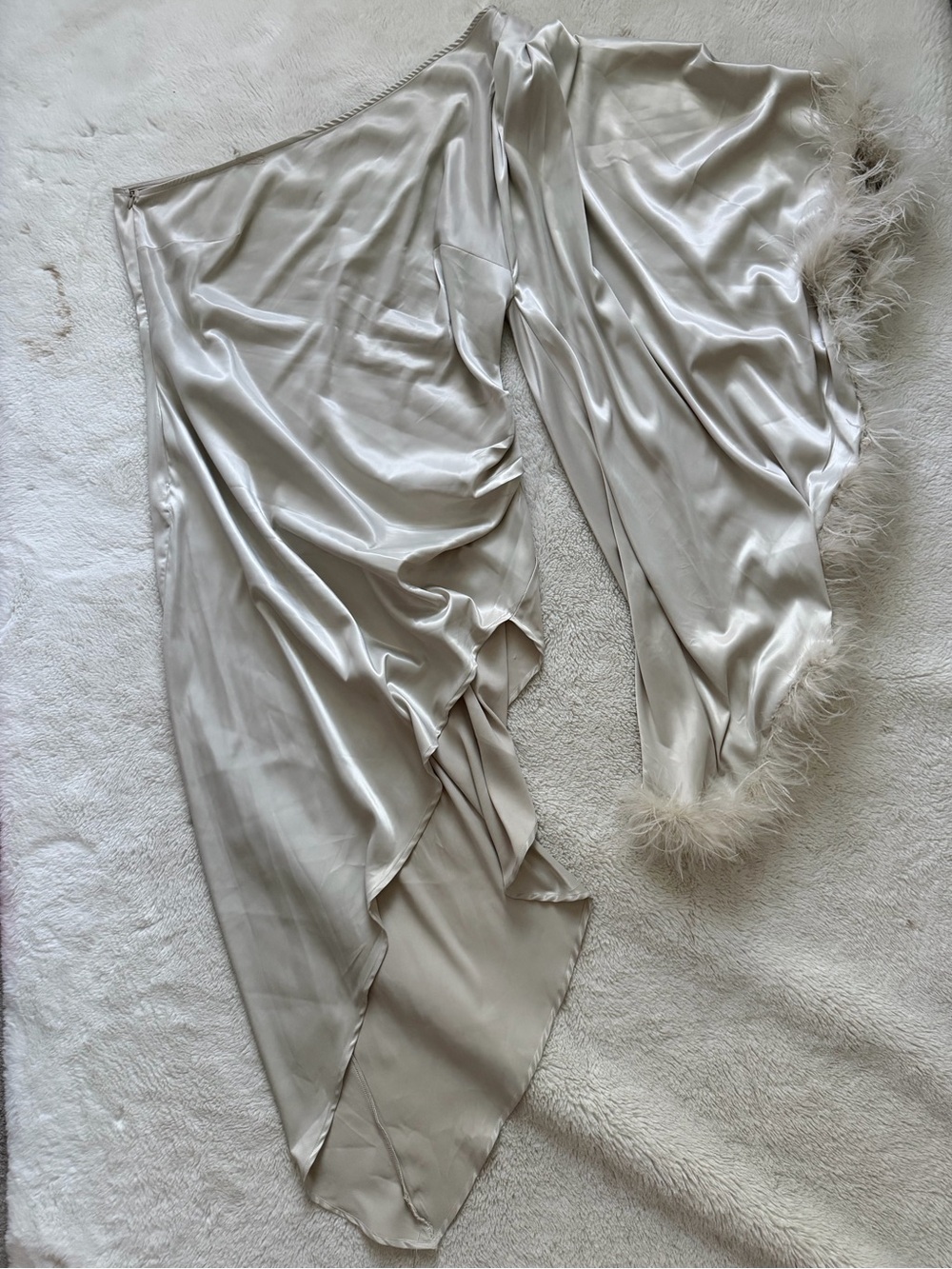 Fashion Nova Satin Asymmetrical Feather-Trim One Shoulder Dress - Silver